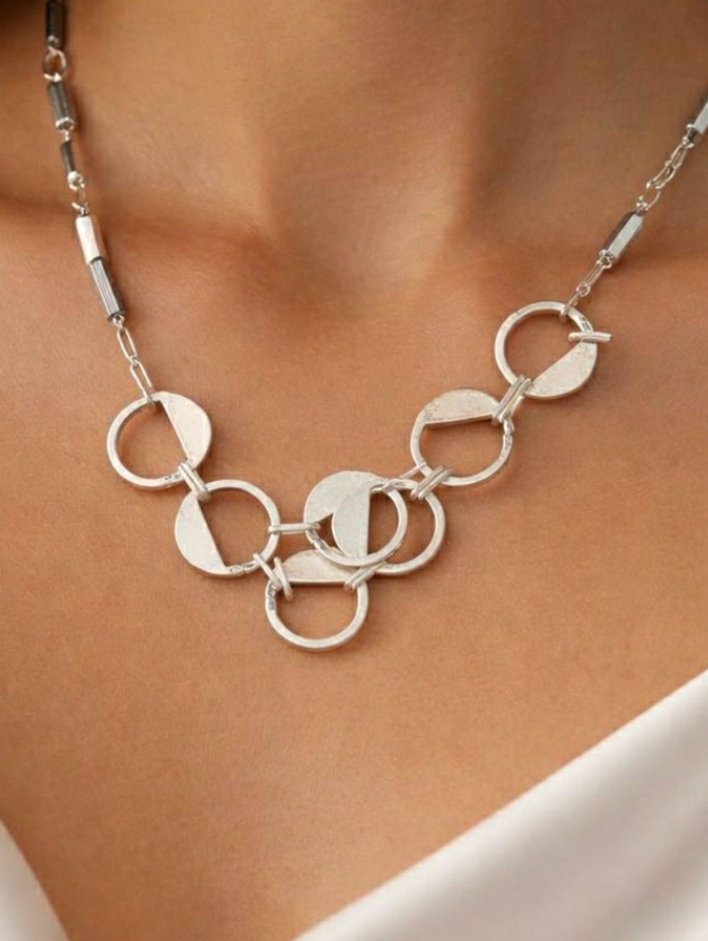Anne-Marie Chagnon Statement Necklace & Bracet Pewter Silver Signed Retired